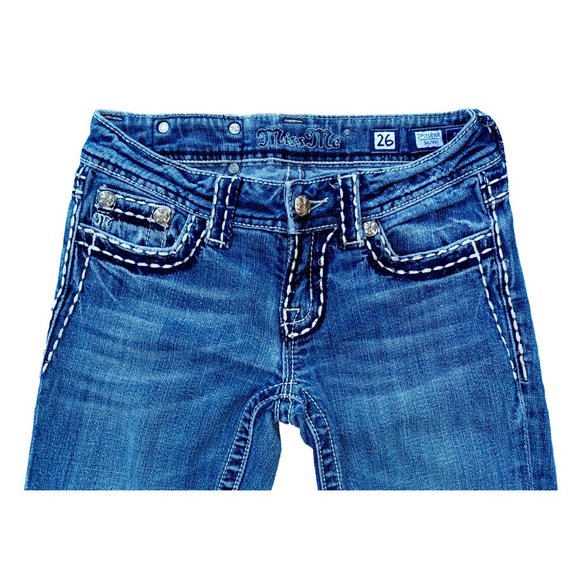 Miss Me Rhinestone Bling Folded Pocket Acid Wash Jeans Size 3 Waist 26 JP5118SKR - Picture 5 of 8